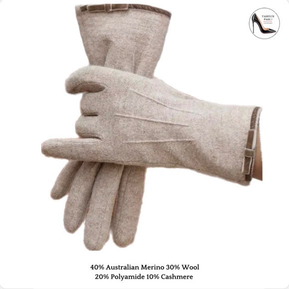 Luxury Cashmere Merino Wool Gloves Classic Beige Driving Winter mittens with bow - Picture 10 of 12